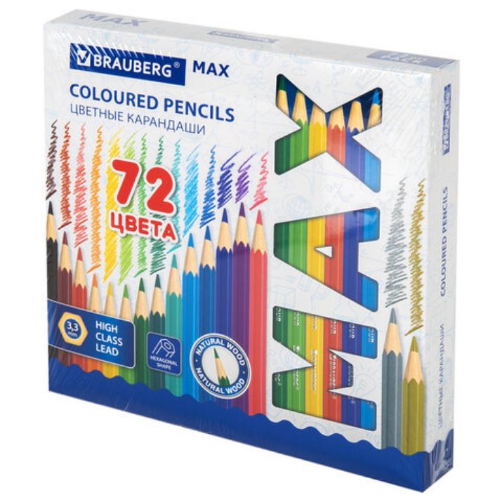 Изображение Карандаши цветные супермягкие яркие BRAUBERG MAX, 72 цвета, шестигранные, грифель 3,3 мм, натуральное дерево, 181861
