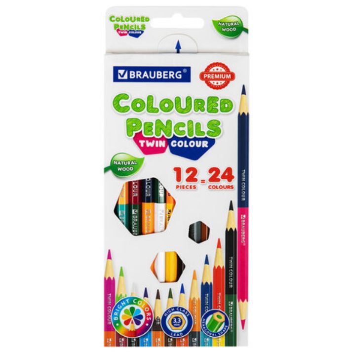 Изображение Карандаши цветные двусторонние BRAUBERG PREMIUM TWIN COLOUR, 12 штук, 24 цвета, шестигранные, грифель 3,3 мм, натуральное дерево, 181874