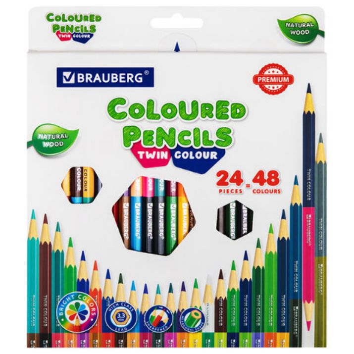 Изображение Карандаши цветные двусторонние BRAUBERG PREMIUM TWIN COLOUR, 24 штуки, 48 цветов, шестигранные, грифель 3,3 мм, натуральное дерево, 181875