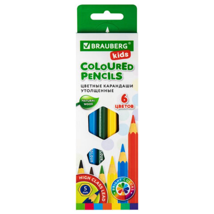 Изображение Карандаши цветные утолщенные BRAUBERG KIDS, 6 цветов, шестигранные, грифель 5 мм, натуральное дерево, 181877