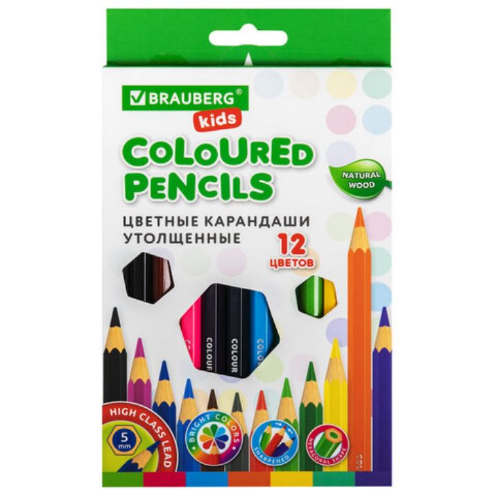Изображение Карандаши цветные утолщенные BRAUBERG KIDS, 12 цветов, шестигранные, грифель 5 мм, натуральное дерево, 181878