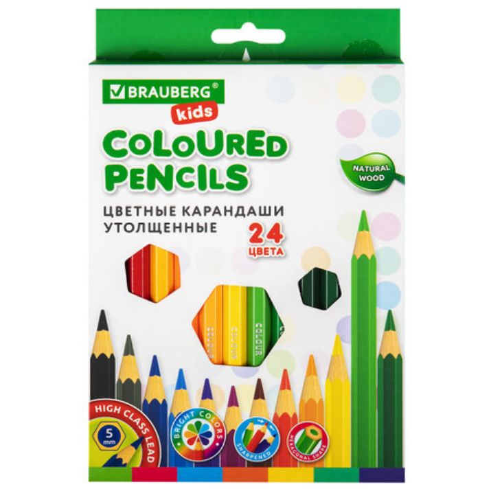 Изображение Карандаши цветные утолщенные BRAUBERG KIDS, 24 цвета, шестигранные, грифель 5 мм, натуральное дерево, 181879