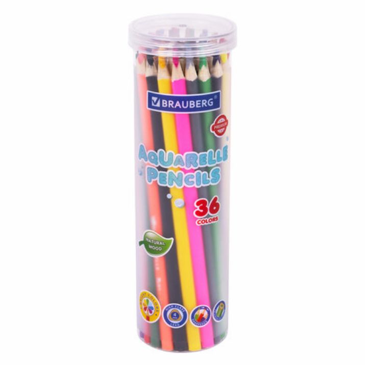 Изображение Карандаши цветные акварельные BRAUBERG PREMIUM AQUARELLE 36 цветов в тубе, трехгранные, утолщенный грифель 4 мм, натуральное дерево,181933