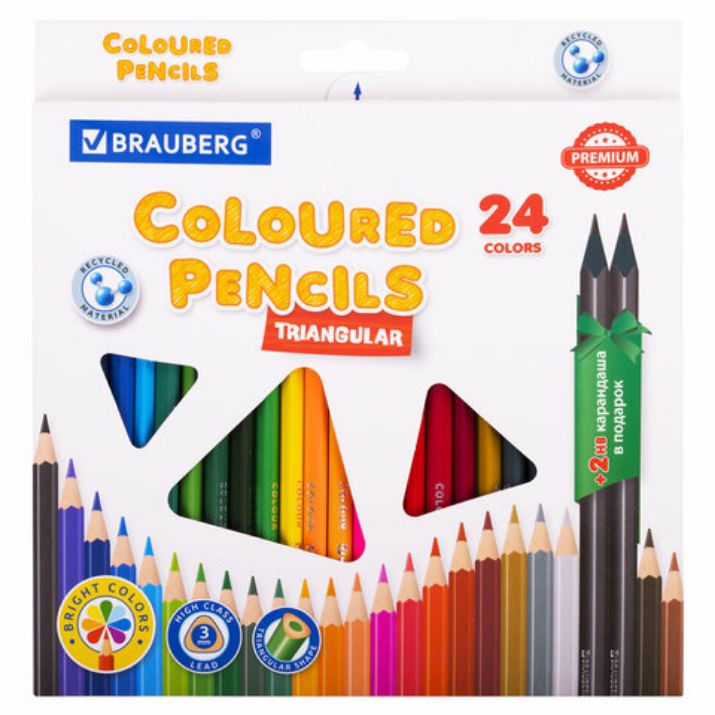 Изображение Карандаши цветные BRAUBERG PREMIUM 24 цвета + 2 чернографитных карандаша, трехгранные, грифель 3 мм, 181937