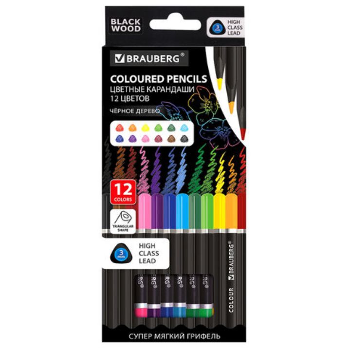 Изображение Карандаши цветные чёрное дерево BRAUBERG BLACK WOOD, 12 цветов, трехгранные, мягкий грифель 3 мм, 181948