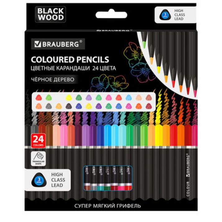 Изображение Карандаши цветные чёрное дерево BRAUBERG BLACK WOOD, 24 цвета, трехгранные, мягкий грифель 3 мм, 181949