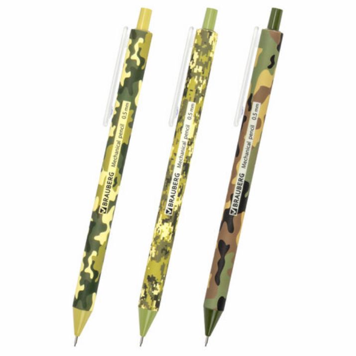 Изображение Карандаш механический 0,5 мм, BRAUBERG SOFT PRINT MILITARY, HB, корпус soft-touch ассорти, 181959