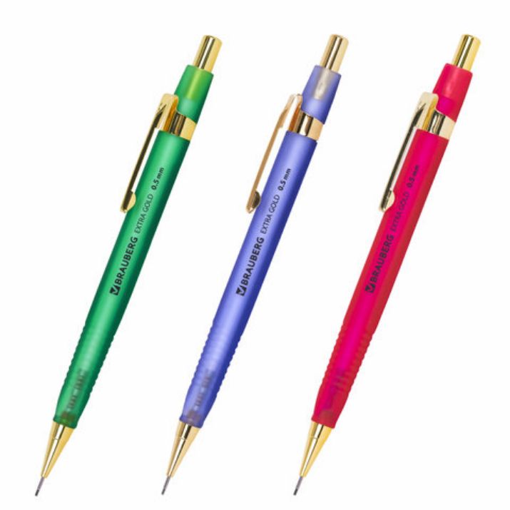 Изображение Карандаш механический 0,5 мм, HB, BRAUBERG EXTRA GOLD, ластик, корпус SOFT TOUCH, ассорти, 181963