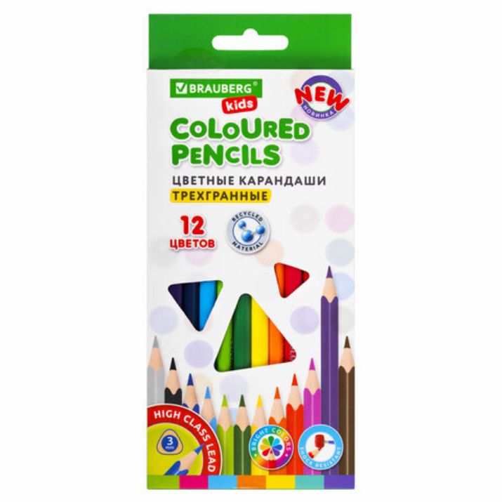 Изображение Карандаши цветные BRAUBERG KIDS NEW, 12 цветов, трехгранные, грифель 3 мм, 182001