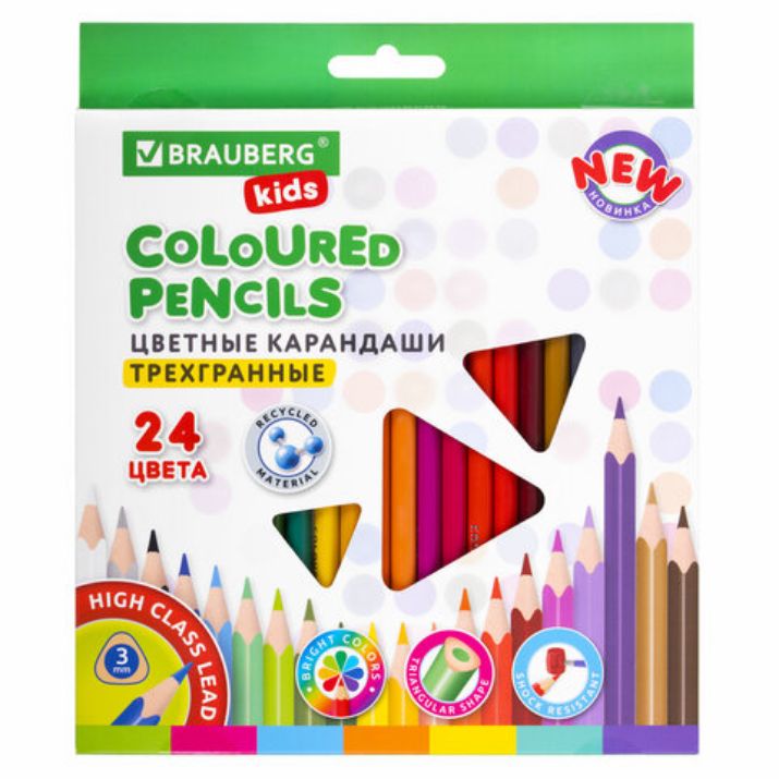 Изображение Карандаши цветные BRAUBERG KIDS NEW, 24 цвета, трехгранные, грифель 3 мм, 182002