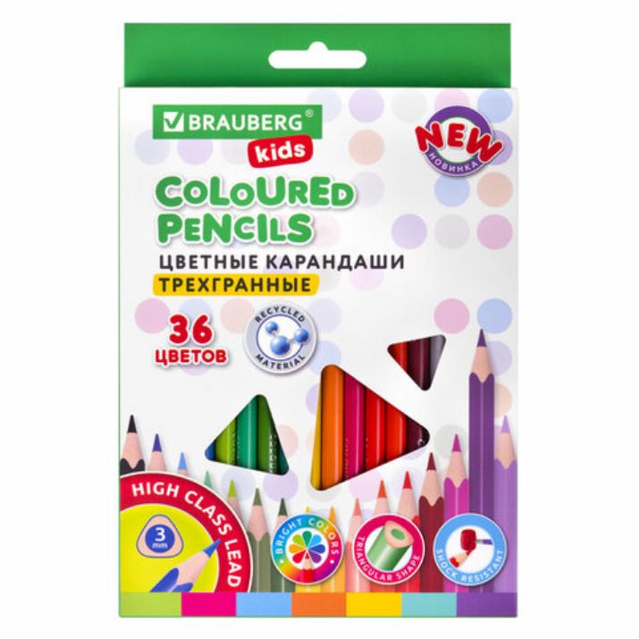 Изображение Карандаши цветные BRAUBERG KIDS NEW, 36 цветов, трехгранные, грифель 3 мм, 182003