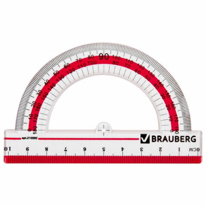 Изображение Транспортир 10 см, 180 градусов, пластиковый, BRAUBERG "Crystal", прозрачный, с выделенной шкалой, подвес, 210292