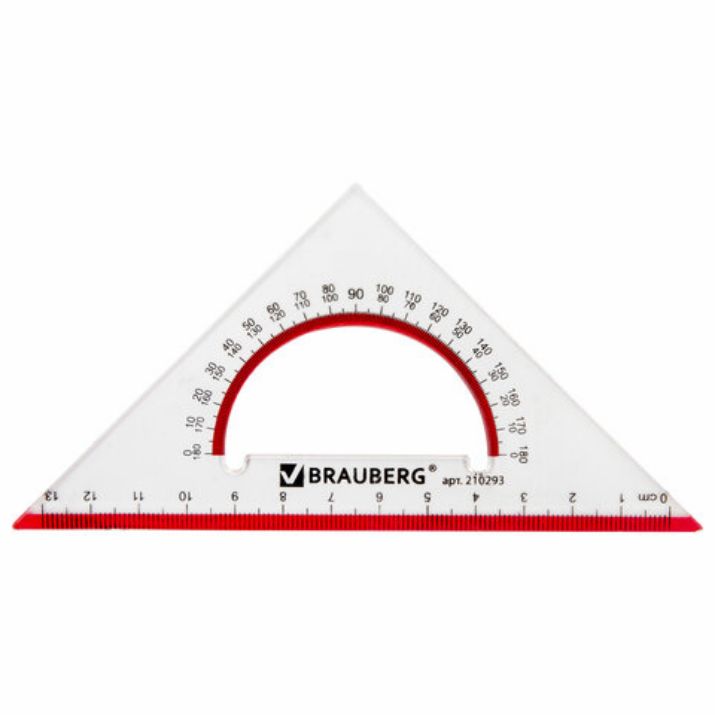 Изображение Треугольник пластиковый, угол 45, 13 см, BRAUBERG "Crystal", с транспортиром, прозрачный, с выделенной шкалой, 210293