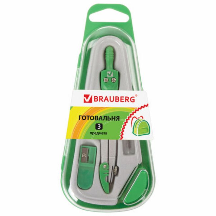 Изображение Готовальня BRAUBERG "Klasse", 3 предмета: циркуль 115 мм с колпачком, грифель, точилка, пенал с подвесом, 210330
