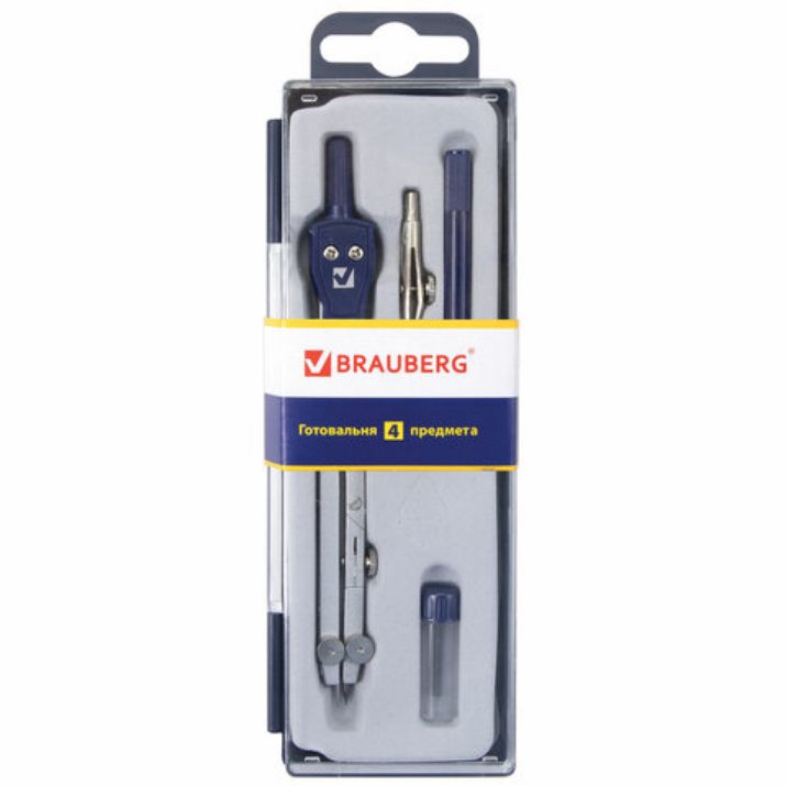 Изображение Готовальня BRAUBERG "Student Oxford", 4 предмета: циркуль 140 мм, рейсфедернная вставка + держатель, грифель, 210335