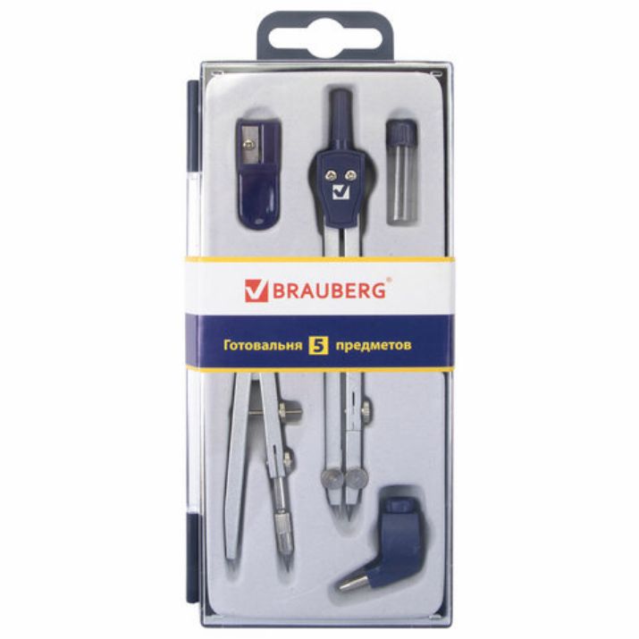 Изображение Готовальня BRAUBERG "Student Oxford", 5 предметов циркуль + кронциркуль, держатель, грифель, точилка, 210338