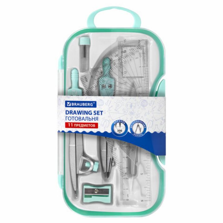 Изображение Готовальня BRAUBERG SCHOOL KIT, 11 предметов, циркуль 115 мм, циркуль 125 мм, чертежные принадлежности, мятный цвет, 210706