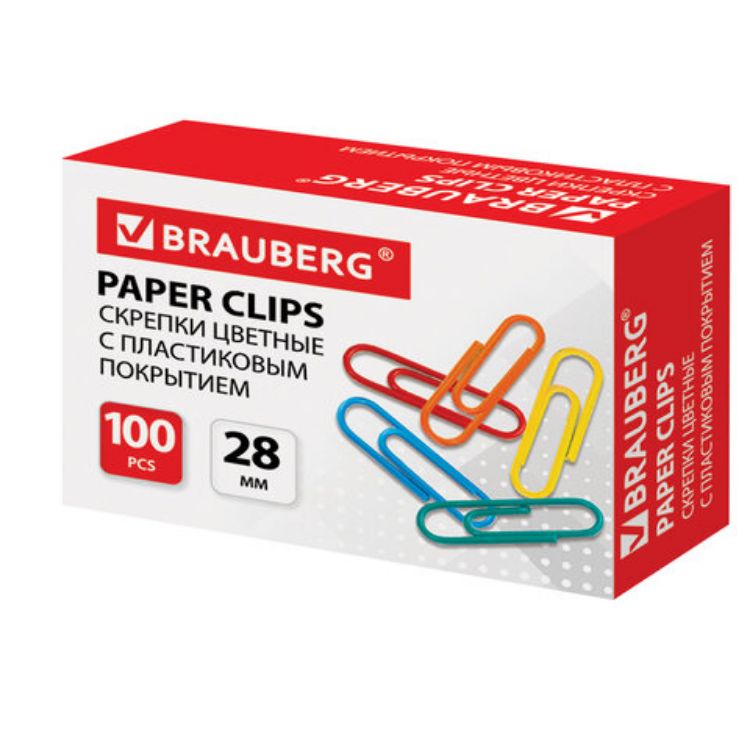Изображение Скрепки BRAUBERG, 28 мм, цветные, 100 шт., в картонной коробке, Россия, 220555