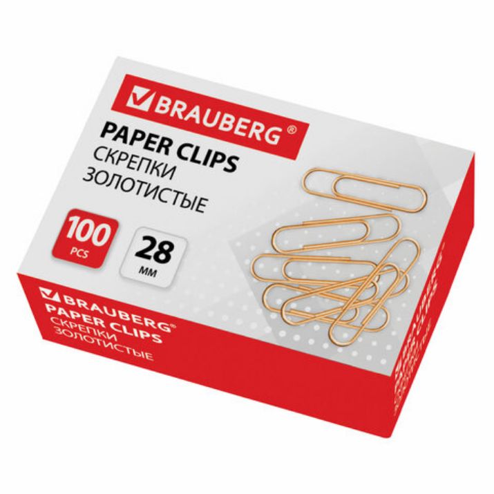 Изображение Скрепки BRAUBERG, 28 мм, золотистые, 100 шт., в картонной коробке, 221529