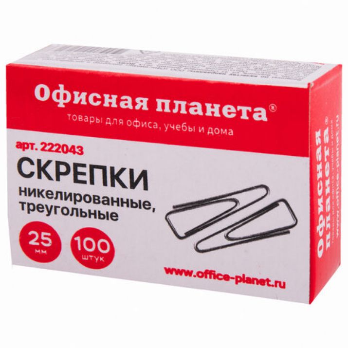 Изображение Скрепки ОФИСНАЯ ПЛАНЕТА, 25 мм, никелированные, треугольные, 100 шт., в картонной коробке, 222043