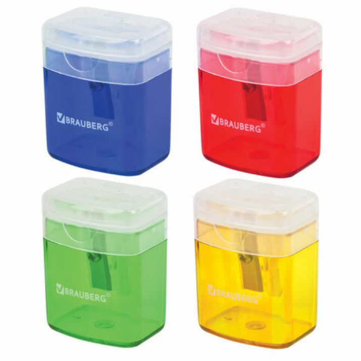 Изображение Точилка BRAUBERG "OfficeBox", с контейнером и крышкой, прямоугольная, в упаковке с подвесом, ассорти, 222494