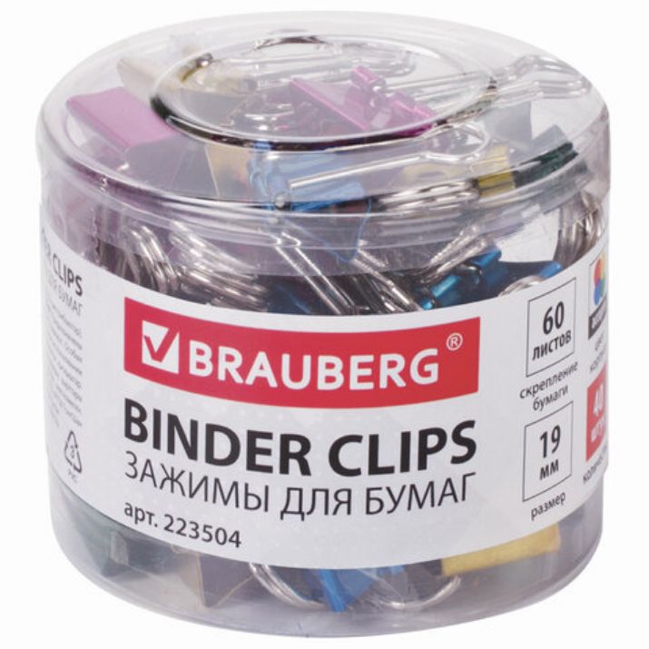 Изображение Зажимы для бумаг BRAUBERG, КОМПЛЕКТ 40 шт., 19 мм, на 60 листов, цвет металлик, пластиковый цилиндр, 223504