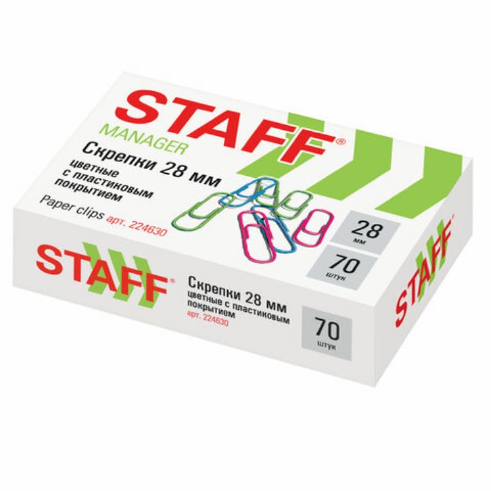Изображение Скрепки STAFF "Manager", 28 мм, цветные, 70 шт., в картонной коробке, Россия, 224630