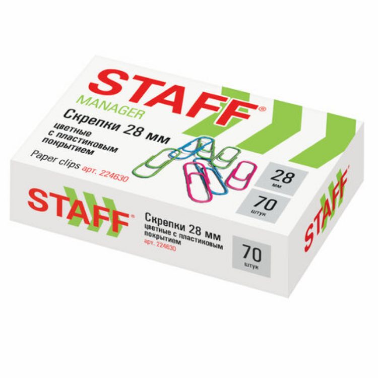 Изображение Скрепки STAFF "Manager", 28 мм, цветные, 70 шт., в картонной коробке, Россия, 224630