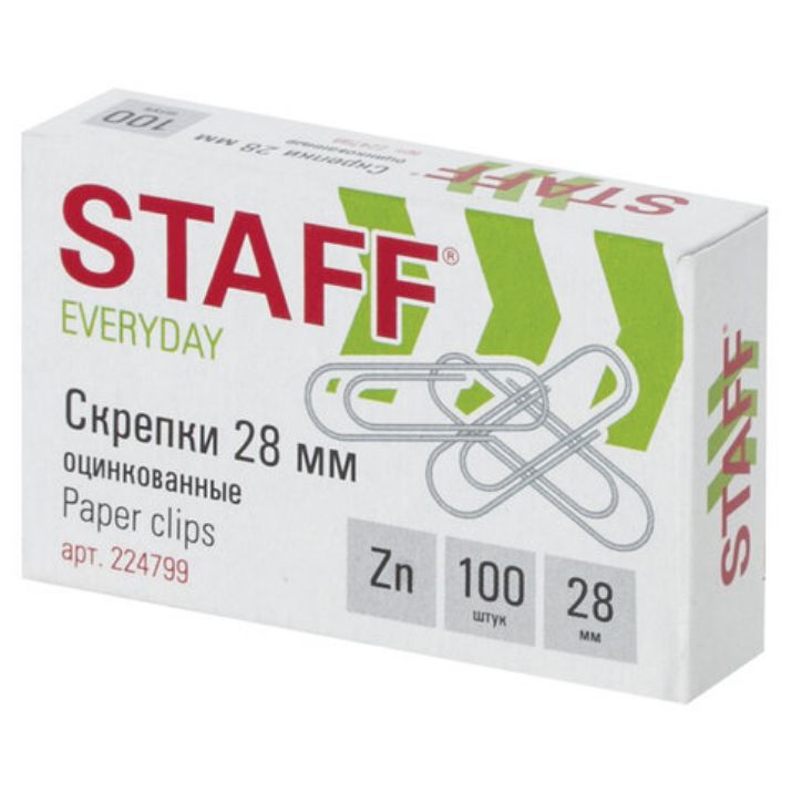Изображение Скрепки STAFF "EVERYDAY", 28 мм, оцинкованные, 100 шт., в картонной коробке, Россия, 224799