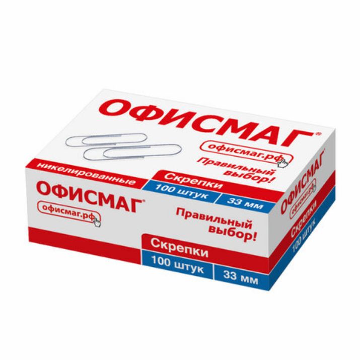 Изображение Скрепки ОФИСМАГ, 33 мм, никелированные, 100 шт., в картонной коробке, 225153
