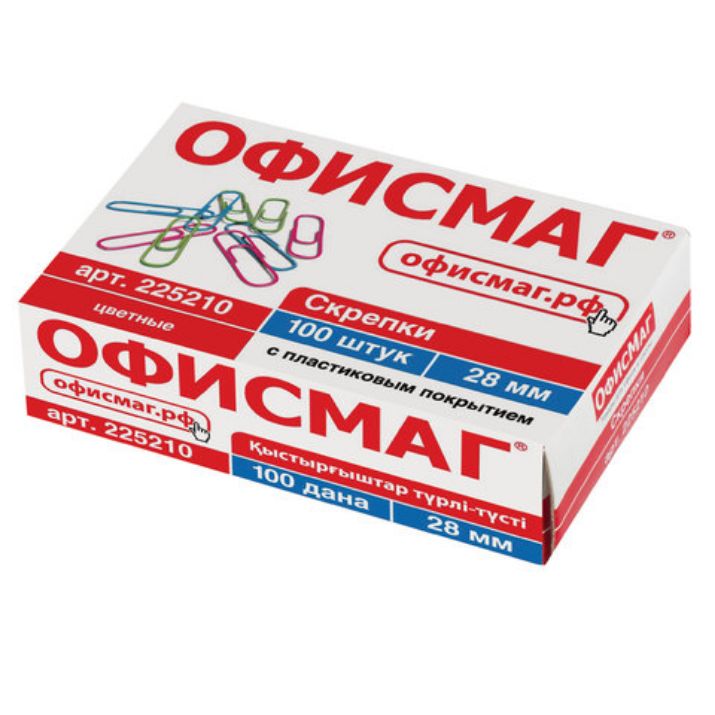 Изображение Скрепки ОФИСМАГ, 28 мм, цветные, 100 шт., в картонной коробке, Россия, 225210