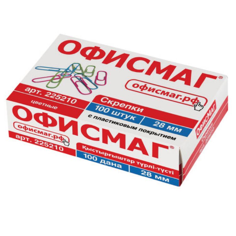 Изображение Скрепки ОФИСМАГ, 28 мм, цветные, 100 шт., в картонной коробке, Россия, 225210