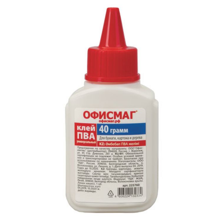 Изображение Клей ПВА ОФИСМАГ (бумага, картон, дерево), 40 г, РОССИЯ, 225760