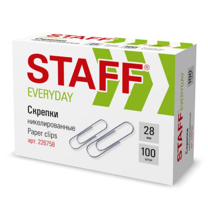 Изображение Скрепки STAFF "EVERYDAY", 28 мм, никелированные, 100 шт., в картонной коробке, 226758