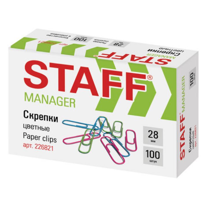 Изображение Скрепки STAFF "Manager", 28 мм, цветные, 100 шт., в картонной коробке, 226821