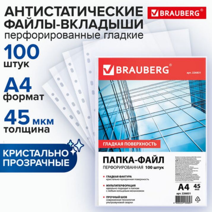 Изображение Папки-файлы перфорированные, А4, BRAUBERG "STANDARD", комплект 100 шт., гладкие, 45 мкм, 226831