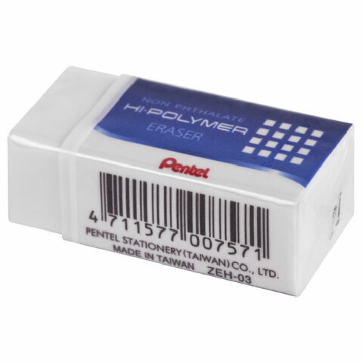 Изображение Ластик PENTEL (Япония) "HI-POLYMER ERASER", 35х16х11,5 мм, белый, прямоугольный, картонный держатель, ZEH-03