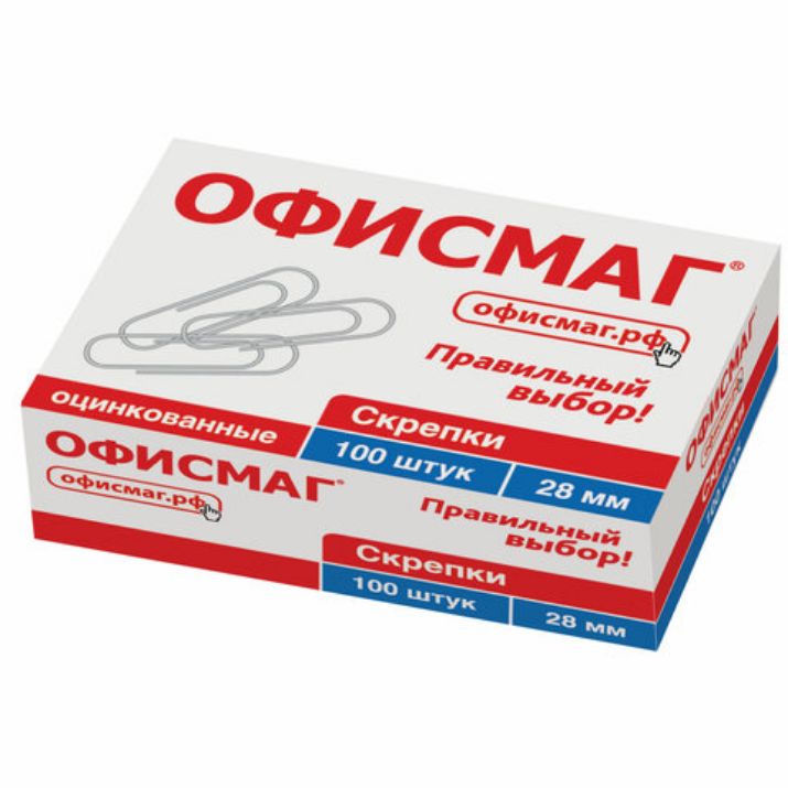 Изображение Скрепки ОФИСМАГ, 28 мм, оцинкованные, 100 шт., в картонной коробке, 227582