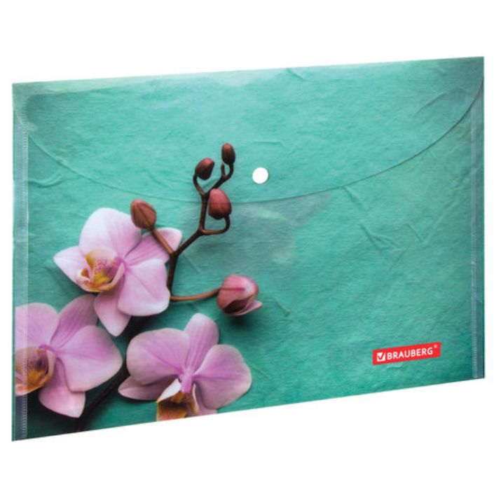 Изображение Папка-конверт с кнопкой BRAUBERG "FLOWER", А4, 160 мкм, до 100 листов, цветная печать, 228031