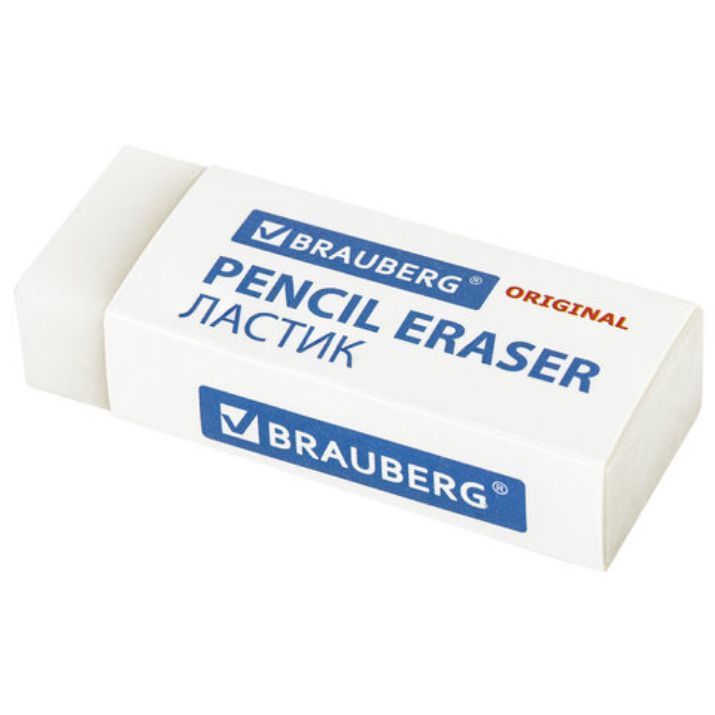 Изображение Ластик BRAUBERG "Original", 45х17х10 мм, белый, прямоугольный, экологичный ПВХ, картонный держатель, 228076