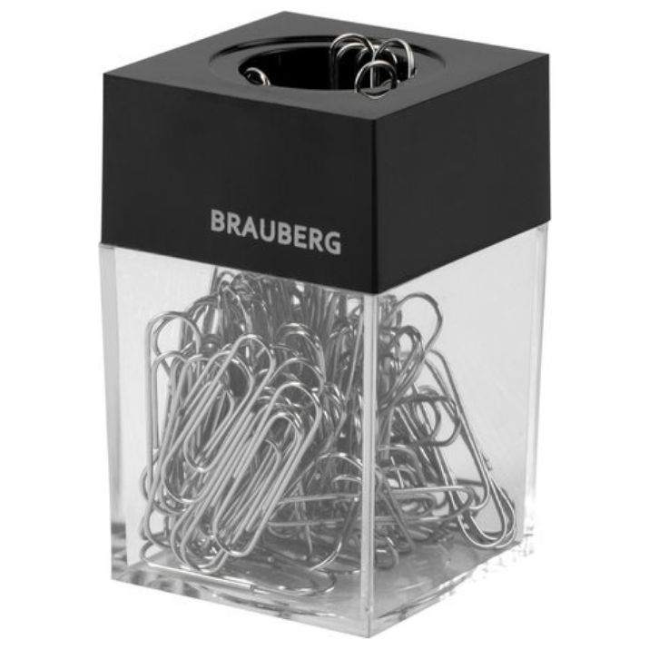 Изображение Скрепочница магнитная BRAUBERG со 100 никелированными скрепками 28 мм, прозрачный корпус, 228400