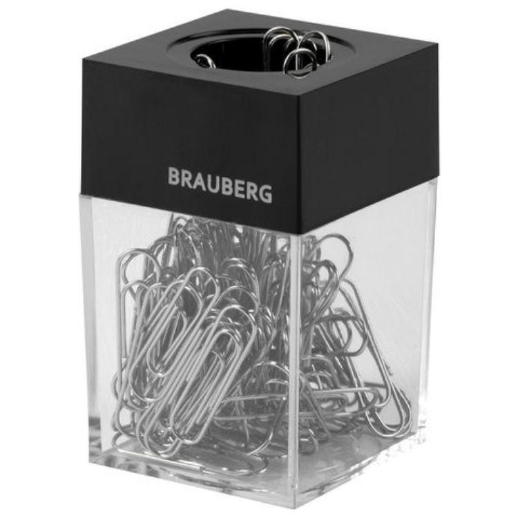 Изображение Скрепочница магнитная BRAUBERG со 100 никелированными скрепками 28 мм, прозрачный корпус, 228400