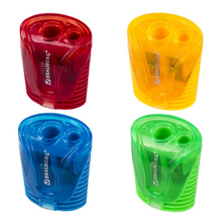 Изображение Точилка BRAUBERG "Cell Dual", 2 отверстия для чернографитных карандашей (в том числе утолщенных), с контейнером, корпус ассорти, 228435