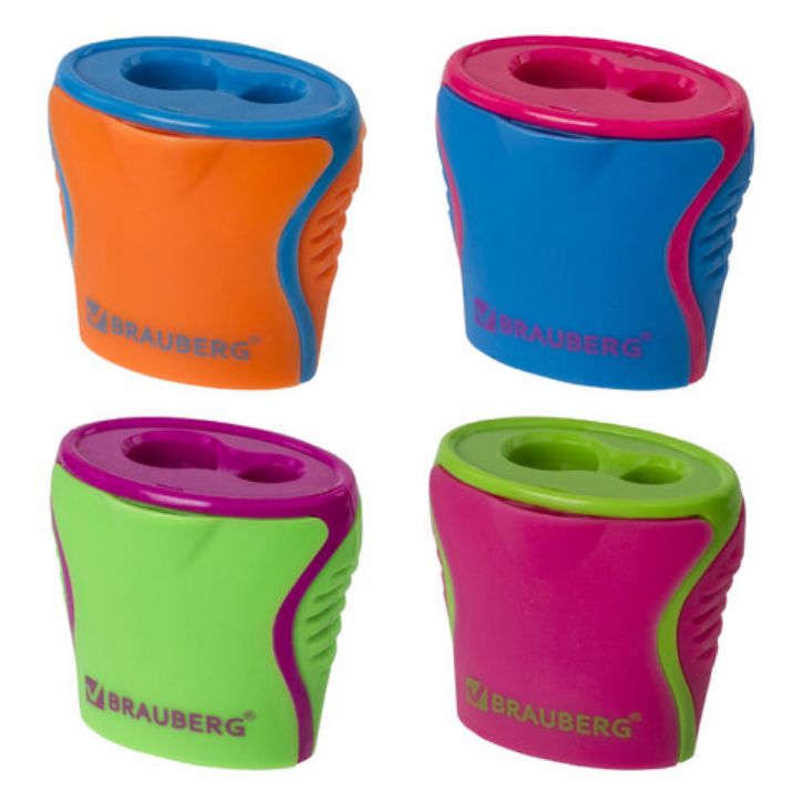 Изображение Точилка BRAUBERG "Mix Dual", 2 отверстия для чернографитных карандашей (в том числе утолщенных), с контейнером, корпус ассорти, 228449