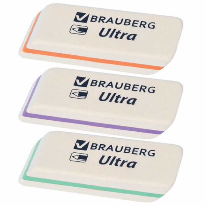 Изображение Ластик BRAUBERG "Ultra", 50х14х8 мм, белый, детали ассорти, натуральный каучук, 228704