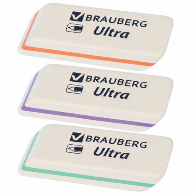 Изображение Ластик BRAUBERG "Ultra", 50х14х8 мм, белый, детали ассорти, натуральный каучук, 228704