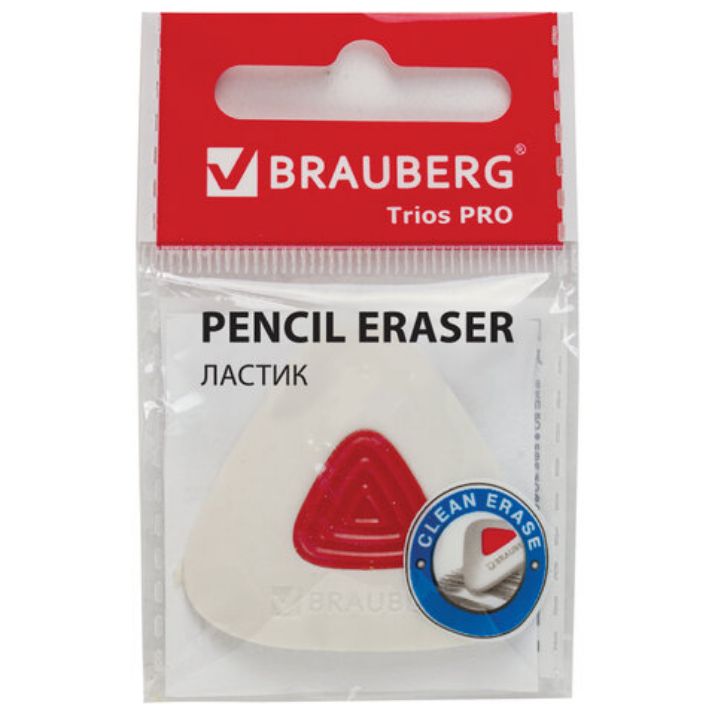 Изображение Ластик BRAUBERG "Trios PRO", 36х36х9 мм, белый, треугольный, красный пластиковый держатель, 229559