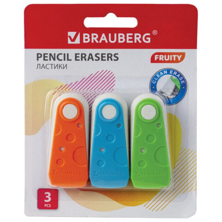 Изображение Набор ластиков BRAUBERG "FRUITY" 3 шт., 57х24х15 мм, белые, пластиковый футляр ассорти, 229563