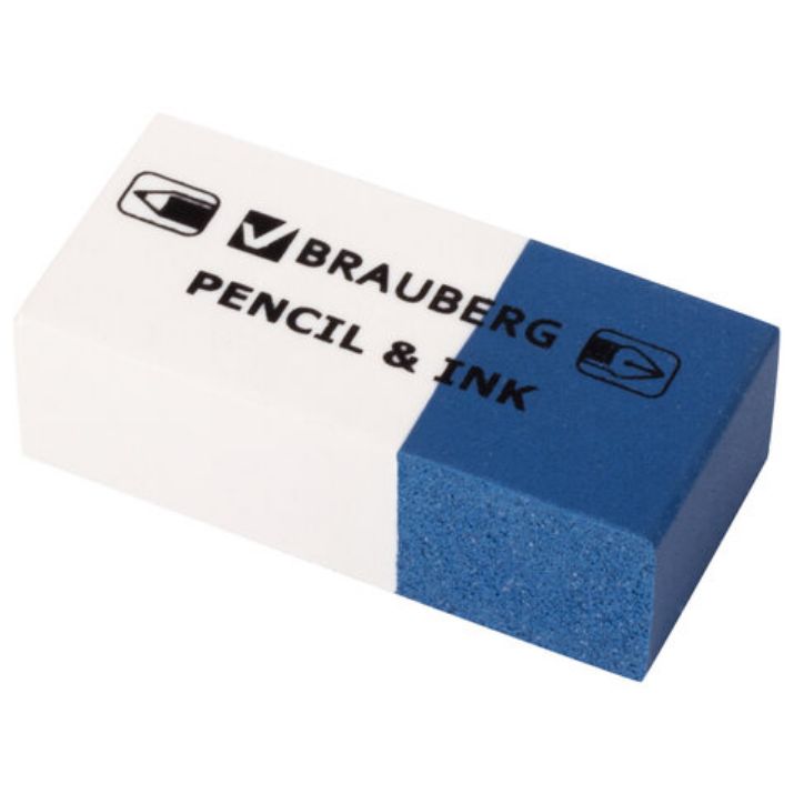 Изображение Ластик BRAUBERG "PENCIL & INK", 39х18х12 мм, для ручки и карандаша, бело-синий, 229578