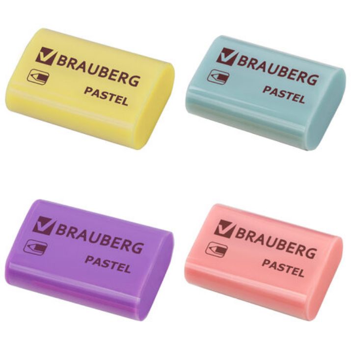 Изображение Ластик BRAUBERG "Pastel", 37х24х11мм, ассорти пастельных цветов, экологичный ПВХ, 229582